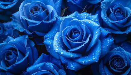 Close-up of vibrant blue roses, glistening with water droplets. A romantic bouquet. Petals are detailed