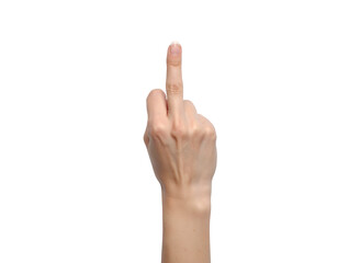 A hand displaying a gesture of defiance with the middle finger raised against a plain black background.