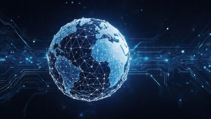 Stunning digital globe with glowing network lines and abstract circuit board patterns symbolizes global connectivity and technology innovation