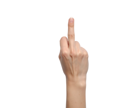 A hand displaying a gesture of defiance with the middle finger raised against a plain black background.