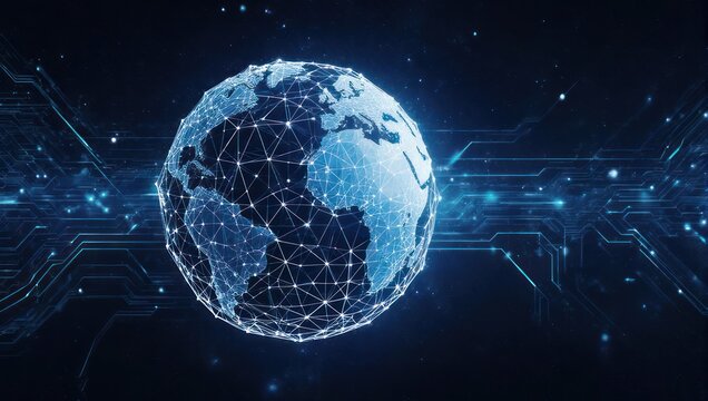 Stunning digital globe with glowing network lines and abstract circuit board patterns symbolizes global connectivity and technology innovation