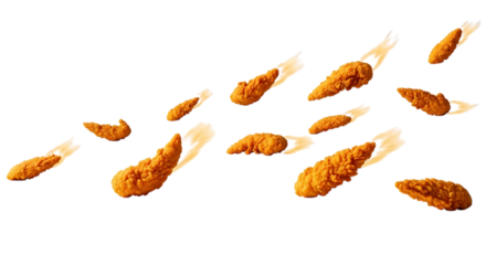 Scattered crispy chicken strips isolated on transparent background, showcasing the goldenbrown texture and inviting appeal, perfect for fast food, snack, or party themes and culinary projects