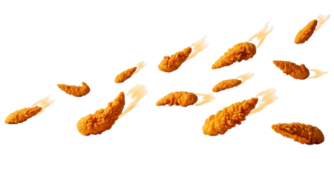 Scattered crispy chicken strips isolated on transparent background, showcasing the goldenbrown texture and inviting appeal, perfect for fast food, snack, or party themes and culinary projects