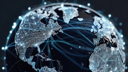 Dynamic global network illuminated with glowing connections symbolizing international communication and interconnectedness across continents