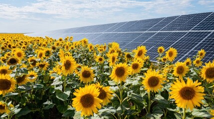 sunlit sunflowers near solar panels