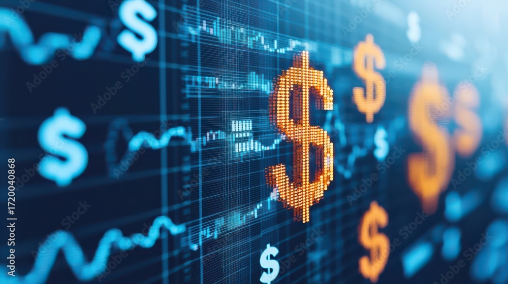 Aufkleber a digital representation of financial data with dollar signs, showcasing fluctuating graphs and curr