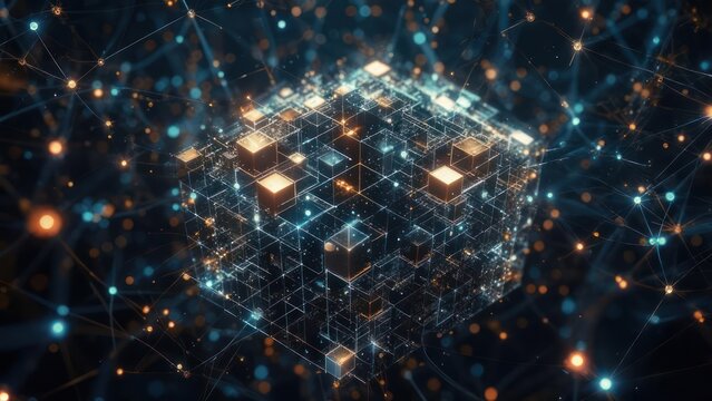 Stunning digital network visualization with glowing geometric shapes, perfect for tech innovation and data concepts - Powered by Adobe