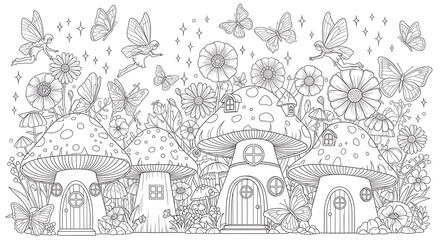 Obraz premium Whimsical Fairy Village Coloring Page with Mushroom Houses and Butterflies