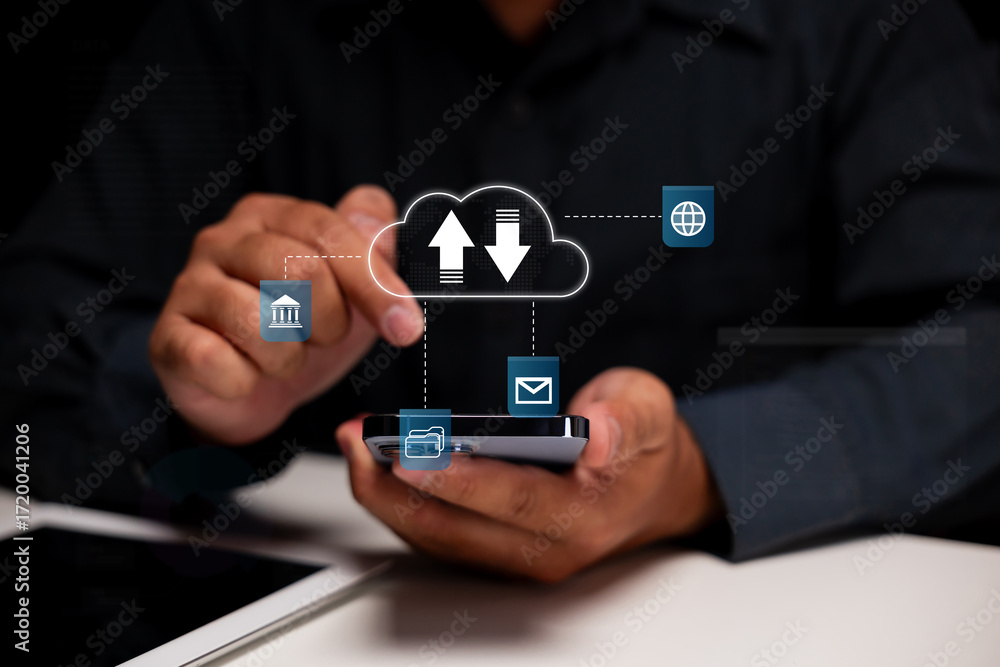 Poster a person interacts with a smartphone, displaying a cloud symbol with icons for various online activi