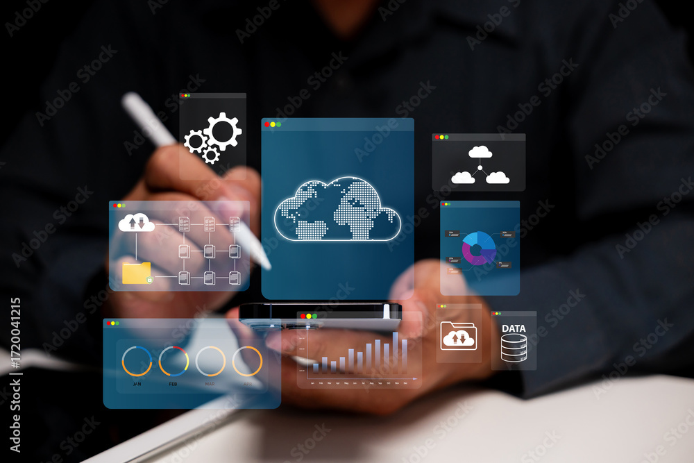 Poster a person interacts with digital cloud technology, using a smartphone to access various data represen