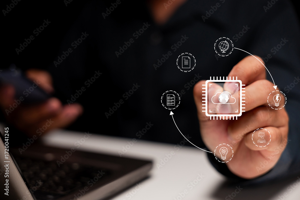 Poster a person holding a microchip with digital connections, symbolizing technology, innovation, and data 