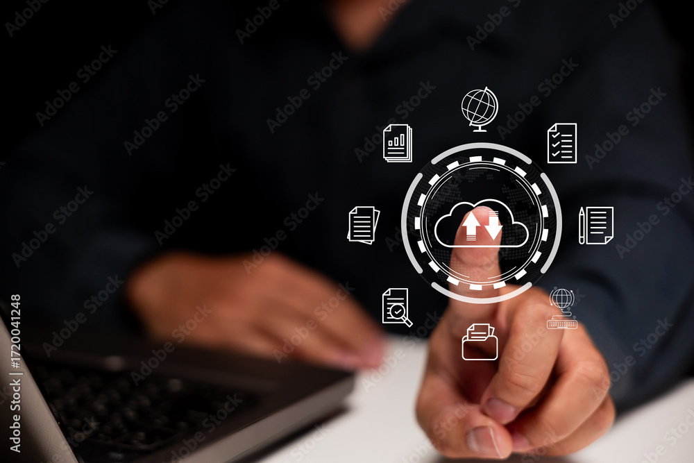 Poster a person interacts with digital cloud technology, showcasing icons representing data management and 