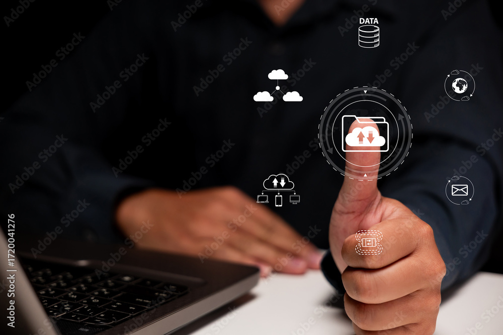 Poster a person is giving a thumbs-up while interacting with digital cloud data icons on a laptop, symboliz