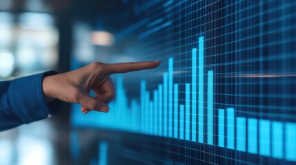 A hand points at a digital graph displaying fluctuating data trends on a screen, emphasizing analysis and interpretation in a modern setting.