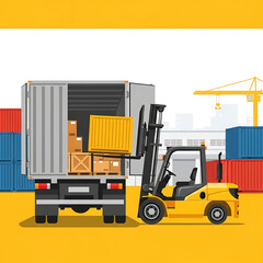 Naklejka premium Forklift loading cargo into a truck for logistics and delivery services, showcasing efficient transportation and supply chain operations