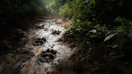 Muddy animal footprints on a damp jungle trail suggest a recent wildlife passage