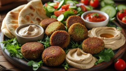 Savor authentic falafel and creamy hummus served with fresh salad and warm pita bread for a delightful culinary experience