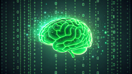 Glowing green digital brain with binary code background representing artificial intelligence, machine learning, neural networks, and futuristic technology concepts