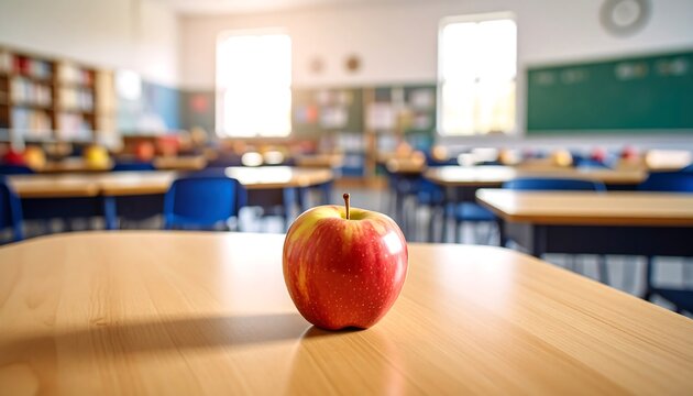 Juicy Red Apple on Desk in Bright with Empty Classroom Back to School Concept.