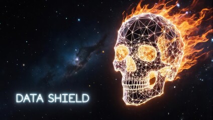 Fiery digital skull concept represents powerful data protection and cybersecurity in the vast digital universe