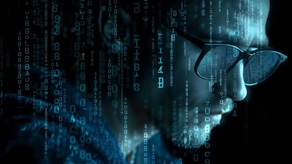 Man with glasses analyzing binary code in dark setting. Blue light creates a digital atmosphere around him. Concept of cybersecurity, technology consulting, IT solutions - Powered by Adobe