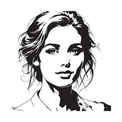Black and white close up illustration of a beautiful woman face minimalist elegant line art drawing
