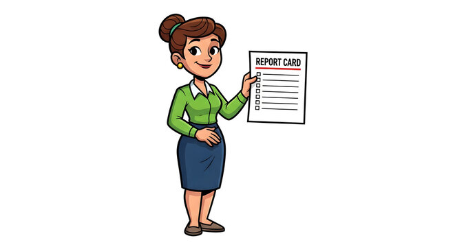 Professional Woman Holding Up A Report Card, Illustrating Academic Achievement and School Performance