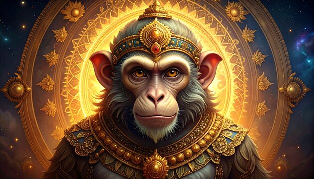 A divine, ornate monkey portrait with golden adornments and a radiant celestial backdrop, possibly a deity