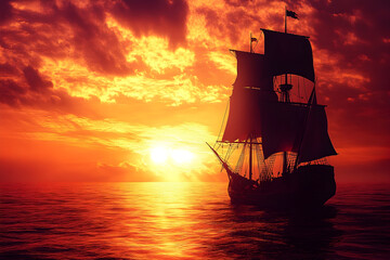 Fototapeta premium Vintage pirate ship silhouette sailing at sunset on calm ocean horizon