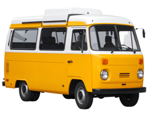 A vibrant yellow vintage van parked in a sunny outdoor setting, showcasing its classic design and charm.