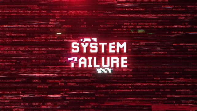 System Failure Alert Warning Over Cybersecurity Glitch Error With Red Computer Code Animation Background