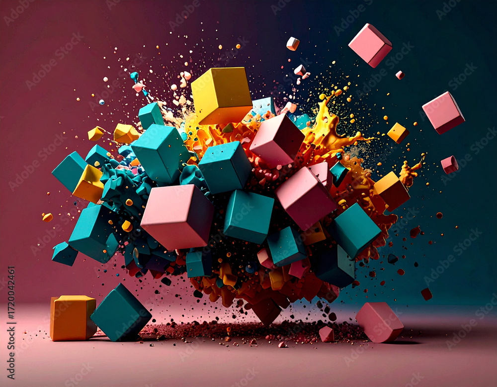 Poster abstract fluid, pastel, flowing shapes: abstract pastel cube shapes collide in fluid motion and crea