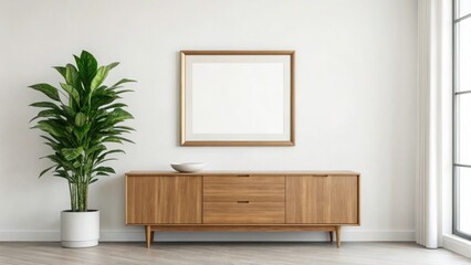 Modern wooden sideboard with a green plant and framed artwork on a white wall