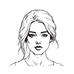 Black and white close up illustration of a beautiful woman face minimalist elegant line art drawing