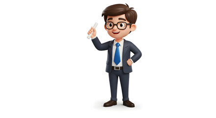 Obraz premium Friendly 3D cartoon businessman character in a suit and glasses, smiling while holding a pointer for a presentation, isolated on a white background