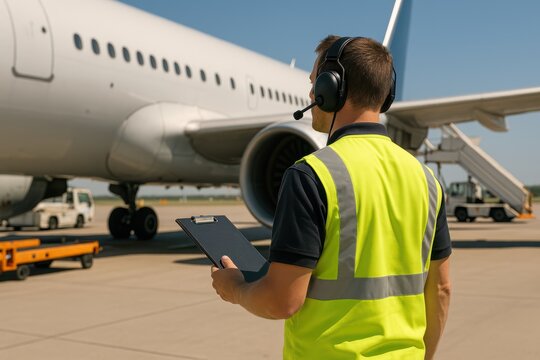 Aviation Ground Crew: A ground crew member in high-visibility attire meticulously performs pre-flight checks, ensuring safe aircraft operations and the efficiency of air travel. 