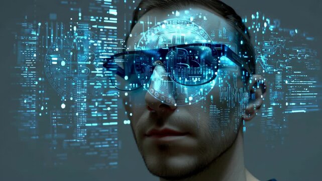 Man looks thoughtfully while wearing glasses displaying digital cryptocurrency symbols. High-tech setting conveys future of finance and technology. Concept of fintech, digital currency, investment