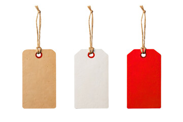 Three blank rectangular gift tags kraft white and red with twine hangers ready for customization isolated on transparent background