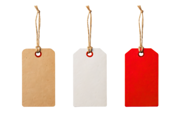 Three blank rectangular gift tags kraft white and red with twine hangers ready for customization isolated on transparent background