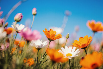 Obraz premium Colorful wildflowers against bright blue sky in meadow