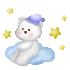A white teddy bear is sitting on a cloud