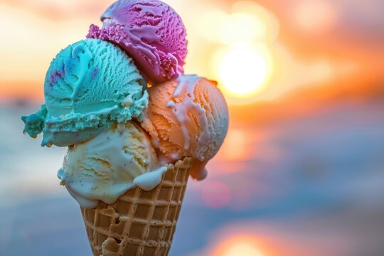 Delicious ice cream cone with multiple colorful scoops on a beach at sunset, a sweet treat for a hot summer day