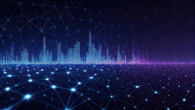 Dynamic digital city skyline glows with vibrant neon lights and interconnected network nodes symbolizing futuristic technology and global connectivity
