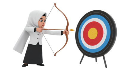 Cartoon Muslim Woman in Hijab Practicing Archery with Target on transparent background. Black Background illustration isolated on a transparent background