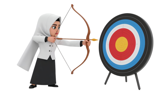 Cartoon Muslim Woman in Hijab Practicing Archery with Target on transparent background. Black Background illustration isolated on a transparent background