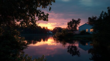 Fototapeta premium Serene sunset over tranquil lake with reflections near a cozy cottage