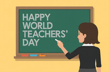 A happy back to school girl stands in a classroom in front of a chalkboard with a teacher, ready for her first lesson
