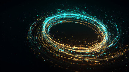 Abstract glowing energy ring with blue and golden particles, futuristic vortex background