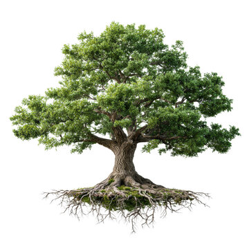 Large green tree with exposed roots and thick trunk showing natural beauty isolated transparent Background.