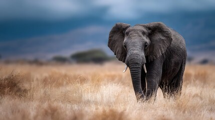 Fototapeta premium Majestic African elephant stands in dry savanna grassland under dramatic sky